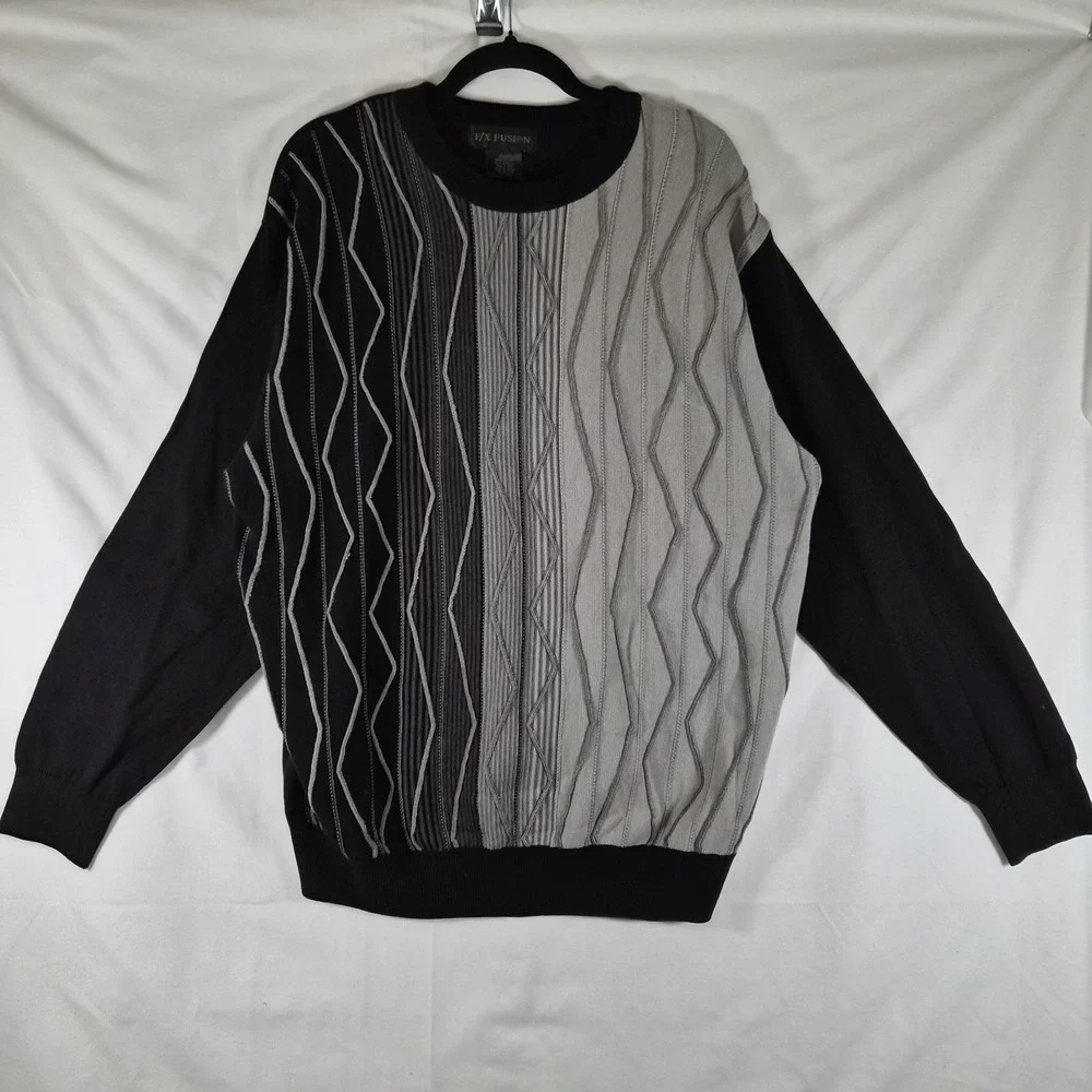 Vintage‎ Inspired Coogi Style Sweater L Black Gray Textured Knit 90s Streetwear